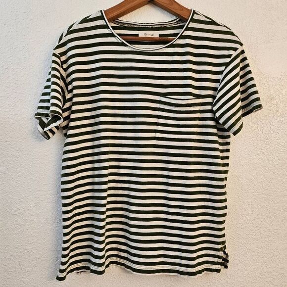 Madewell Green & white Striped Tshirt w/ pocket: Coastal Casual Weekend Comfy - Picture 1 of 5
